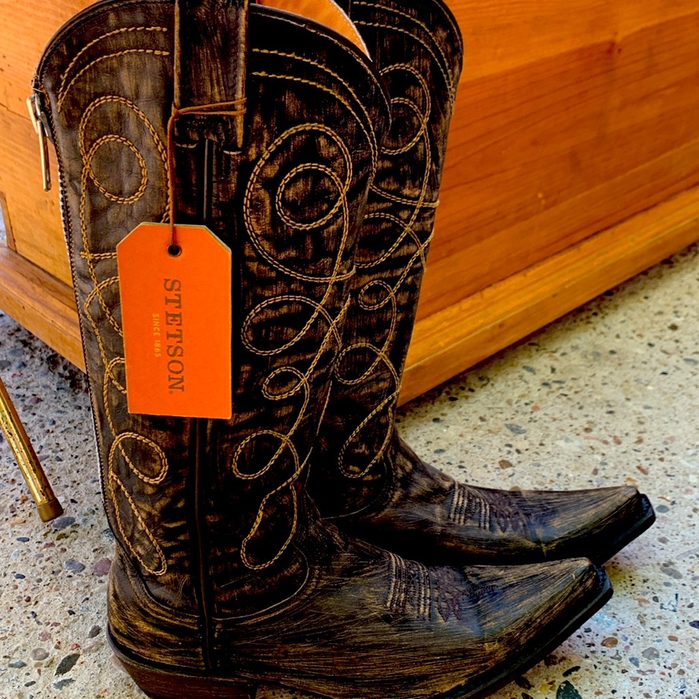 NEW STETSON LADIES DISTRESSED FISH TOE LATIGO COWBOY BOOT BL